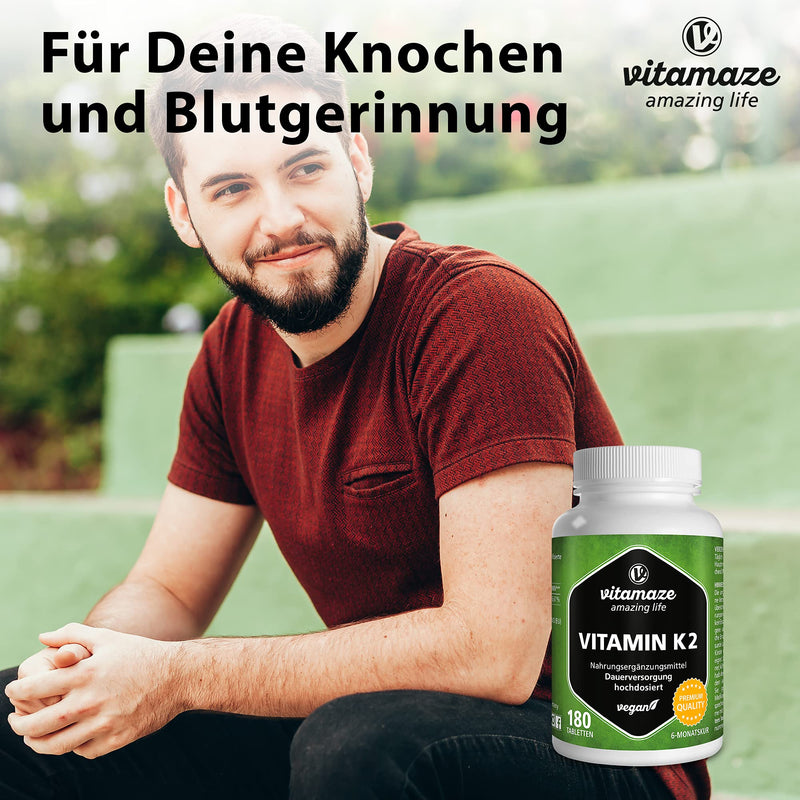Vitamin K2 high dose & vegan, 200 mcg MK-7 Menaquinone (certified, all-trans form), 180 tablets 6 month supply, natural dietary supplement without additives, Made in Germany - NewNest Australia
