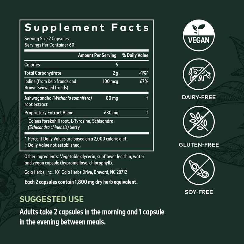 Gaia Herbs, Thyroid Support, Ashwaganda, Bladderwrack, Coleus, Kelp, Schisandra, Vegan Liquid Phyto Capsules, 120 Count - NewNest Australia