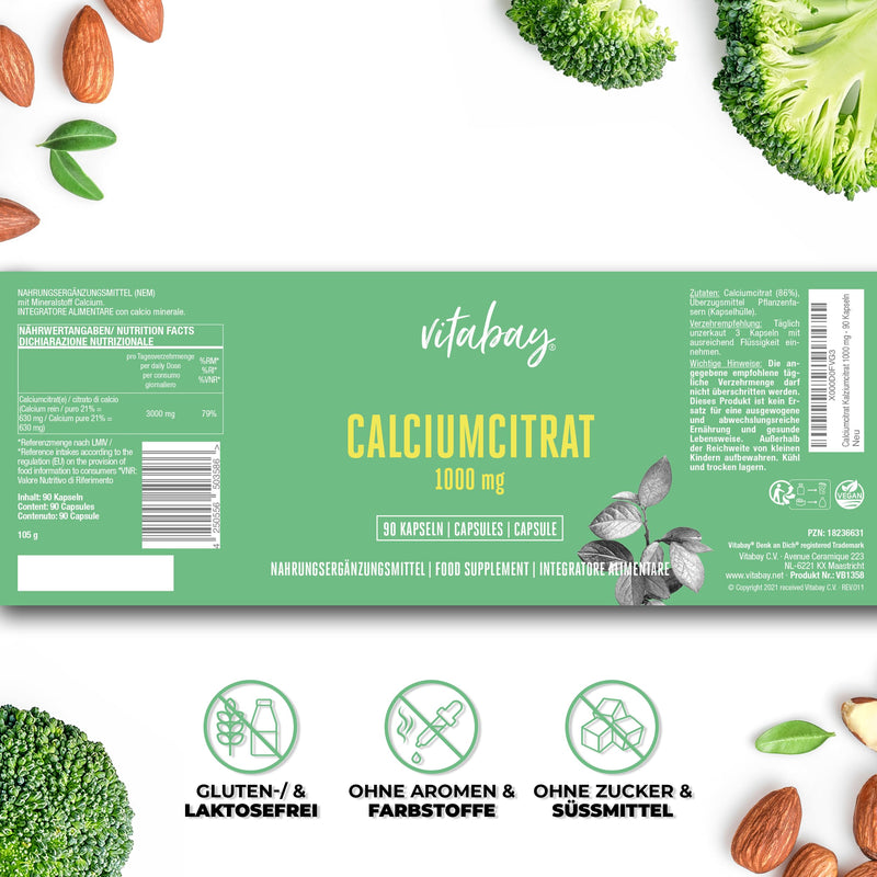Vitabay Calcium high dose 1000 mg VEGAN - 90 capsules high dose calcium citrate - Calcium Citrate Calcium tablets high dose 1000 mg calcium Calcium calcium tablets Calcium high dose tablets 90 pieces (pack of 1) - NewNest Australia