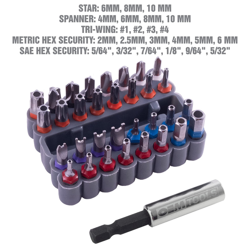 OEMTOOLS 25959 33 Piece Security Bit Set, Includes Spanner, Tri-Wing, Torq, Hex Security, and Tamper Proof Star Security Bits with 1/4 Inch Hex Bit Holder - NewNest Australia