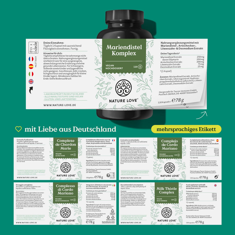 Nature Love Milk Thistle - Premium 4-Way Complex: Marian Thistle (80% Silymarin), Artichoke, Dandelion And Desmodium, 120 Vegan Capsules (2 Months), High Dosage, Vegan, Made In Germany - NewNest Australia