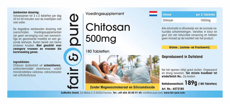 Fair & Pure® - Chitosan 500mg - high dosage - natural fiber - without magnesium stearate - 180 chitosan tablets - NewNest Australia