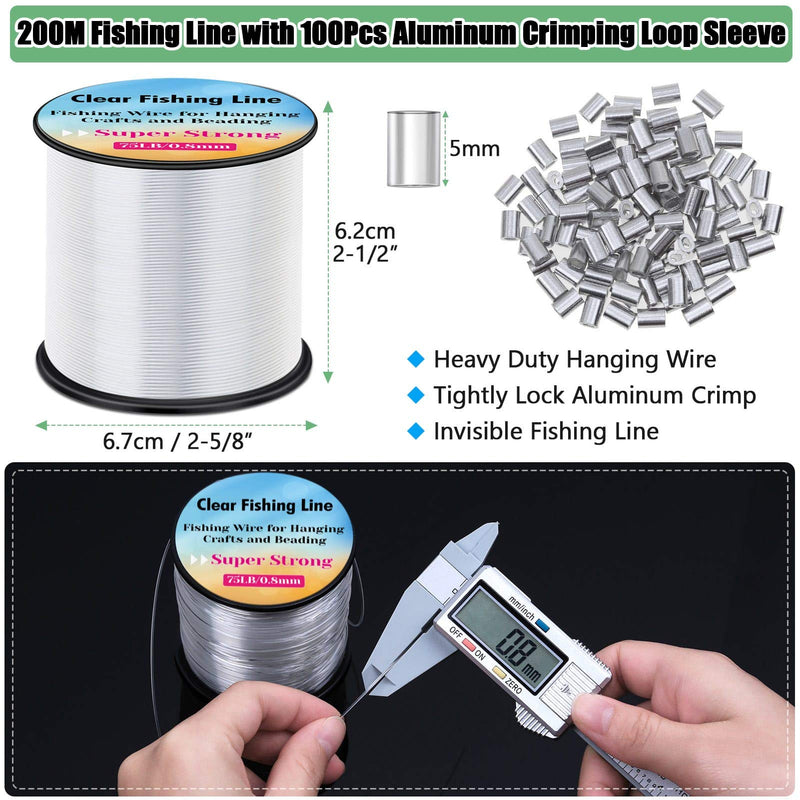 Hanging Wire Clear, Acejoz Thick Fishing Line Nylon String Picture Frame Wire with 100Pcs Crimps Sleeves 70lb Invisible Line for Balloon Garland Picture Hanging Decoration and Crafts (656 Feet) - NewNest Australia