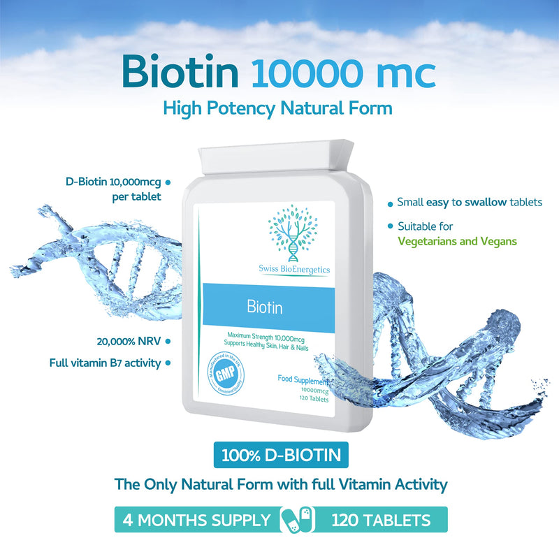 Biotin 10,000 mcg 120 Tablets – Exclusively Maximum Strength D-Biotin, The only Natural Form with Full Vitamin B7 Activity - Support for Healthy Hair Growth, Skin and Nails - UK Made to cGMP Code - NewNest Australia