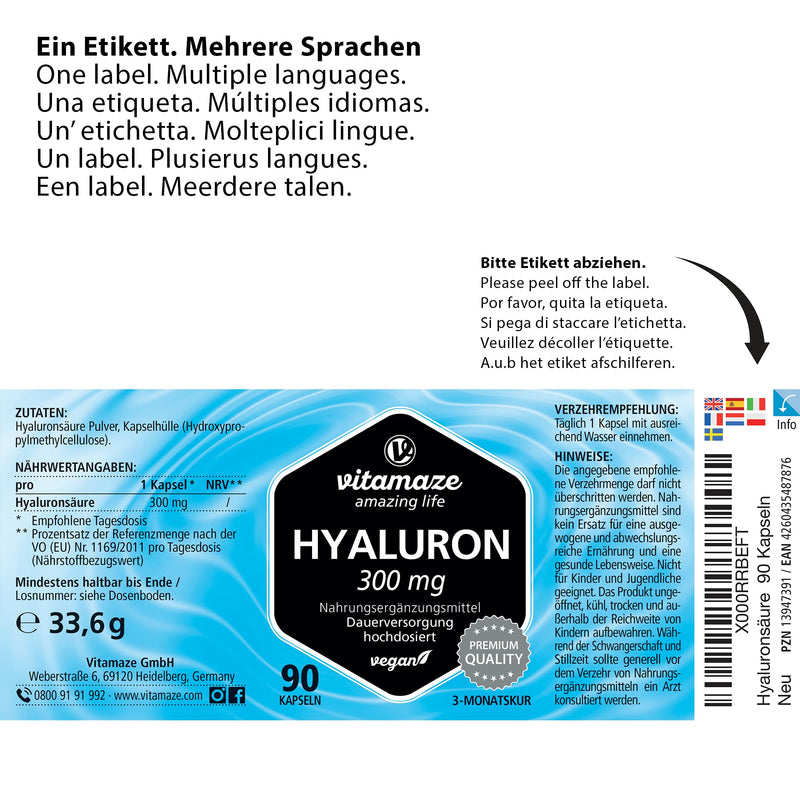 High-dose hyaluronic acid capsules, 300 mg per capsule, vegan, 3 months continuous supply, high bioavailability: low molecular weight 500-700 kDa, nutritional supplement without additives, Made in Germany - NewNest Australia
