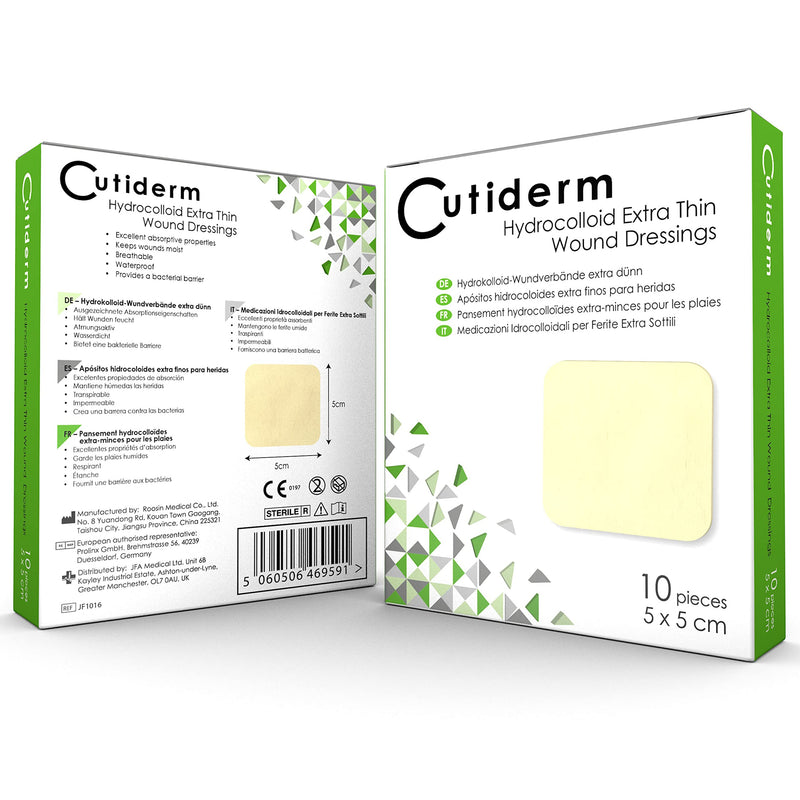 Pack of 10 Cutiderm Sterile Hydrocolloid Extra Thin Adhesive Wound Dressing 5cm x 5cm - for Cuts, Grazes, Superficial and Partial Thickness Burns, Pressure sores, and Venous Leg ulcers - NewNest Australia