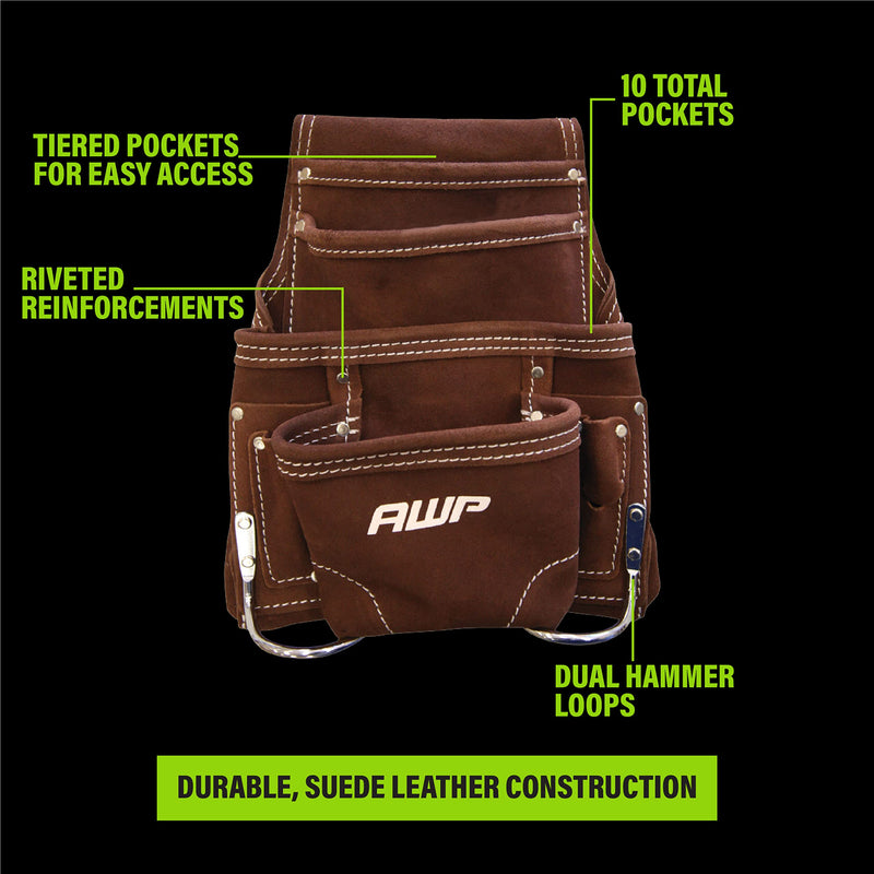 AWP 10-Pocket Suede Tool Pouch | Durable General Construction Leather Tool Pouch | Brown - NewNest Australia