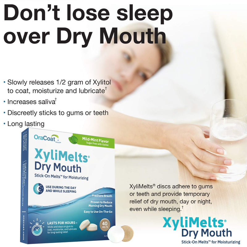 OraCoat XyliMelts Dry Mouth Relief Moisturizing Oral Adhering Discs Mild Mint with Xylitol, for Dry Mouth, Stimulates Saliva, Non-Acidic, Day and Night Use, Time Release for up to 8 Hours, 40 Count 40 Count (Pack of 1) - NewNest Australia