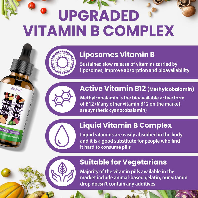 Liposomal Vitamin B Complex Liquid - High Dose Drops with All 8 B Vitamins, Active Vitamin B Forms, Vegan, No Additives, 60ml (Pack of 1) Pack of 1 - NewNest Australia