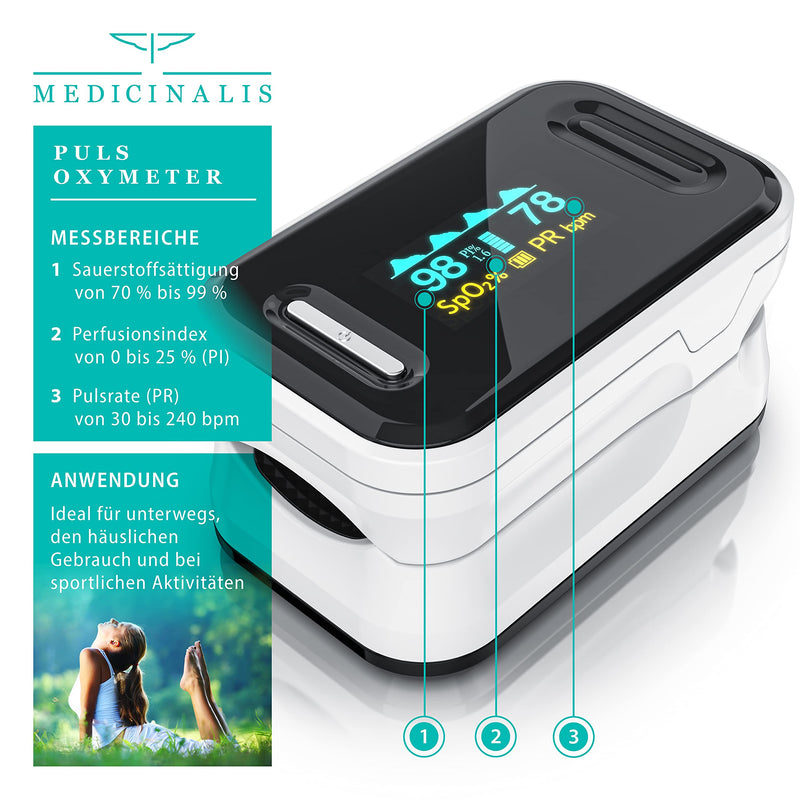 Medicinalis - Finger Pulse Oximeter - Spo2 Heart Rate Monitor - Finger Pulse Oximeter - Measurement Of Pulse And Oxygen Saturation On The Finger - Oled Display - Battery Indicator - Alarm - One Touch Operation - NewNest Australia