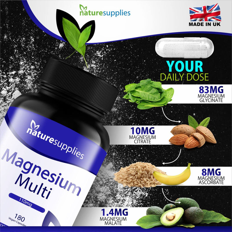 Naturesupplies Magnesium Multi Capsules 180 Pack Made in UK, High Absorption 4 Magnesium Powders in One Capsule, Citrate, Malate, Ascorbate & Bis-Glycinate - NewNest Australia