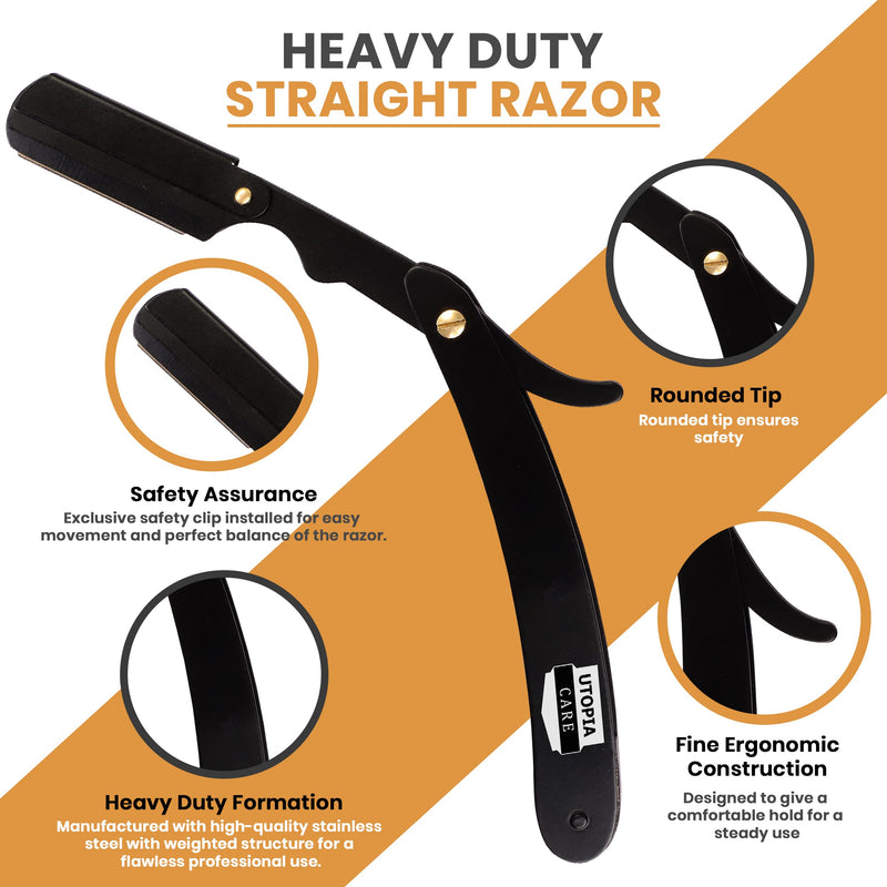 Utopia Care Professional Barber Straight Edge Razor Safety with 100-Pack Derby Blades - 100 Percent Stainless Steel (Black) Black - NewNest Australia