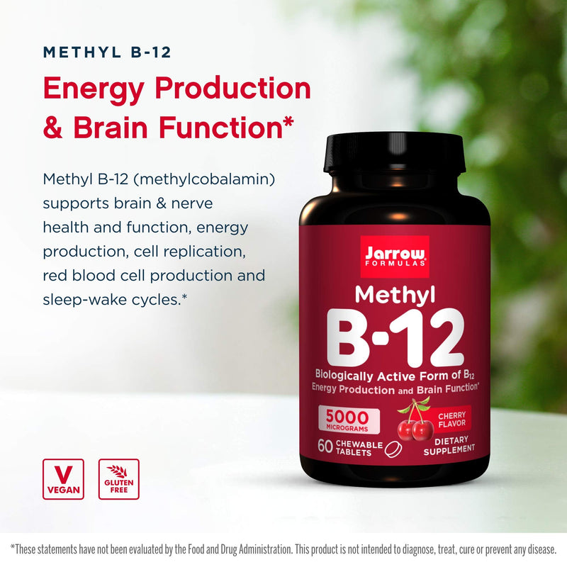 Jarrow Formulas Methyl B-12 5000 mcg - 60 Chewable Tablets, Cherry - Bioactive Vitamin B12 - Supports Energy Production, Brain Health & Metabolism - Gluten Free -Pink 60 Servings 60 Count (Pack of 1) 5000 MCG, 60 LOZENGES, CHERRY FLAVOR - NewNest Australia