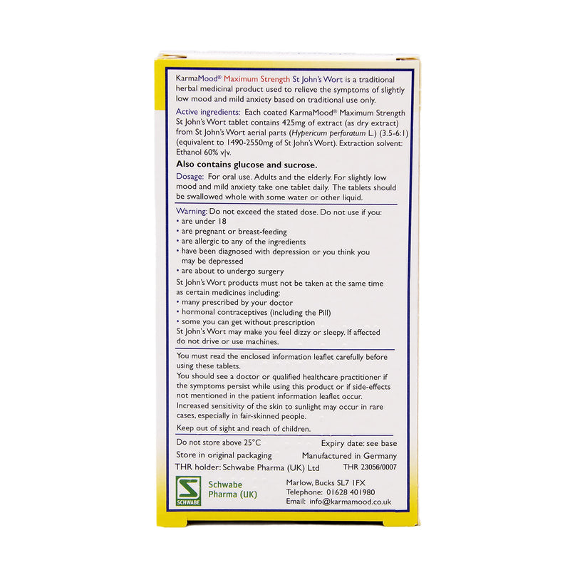 Schwabe KarmaMood Maximum Strength - St John's Wort Extract 425mg - Traditionally Used for Low Mood and Mild Anxiety - Traditional Herbal Medicinal Product - 30 Tablets 30 Count (Pack of 1) - NewNest Australia