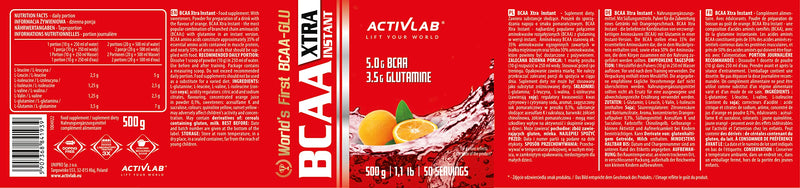 Activlab BCAA Xtra Instant 500g | 5000mg amino acids | 3500mg LGlutamine | Muscle growth, regeneration &amp; Endurance | Orange flavor | BCAA 2:1:1 | Ideal for bodybuilding | Includes measuring cup - NewNest Australia