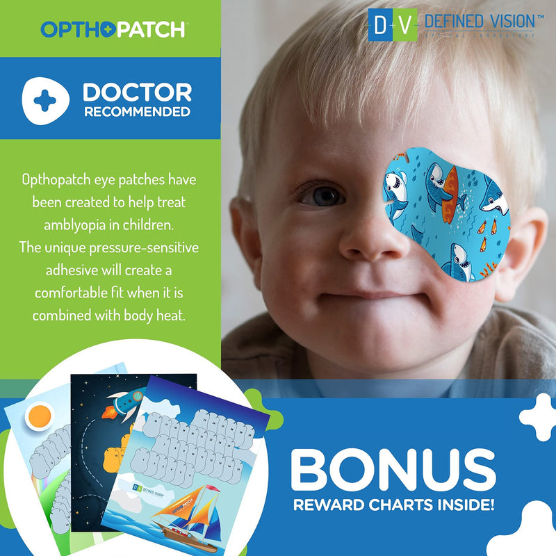 OPTHOPATCH Kids Eye Patches - Fun Boys Design - 30 + 10 Bonus Latex Free Hypoallergenic Cotton Extra Sensitive Adhesive Bandages for Amblyopia & Cross Eye-3 Reward Chart Posters by Defined Vision - NewNest Australia