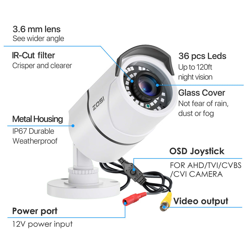 ZOSI 2.0MP HD 1080p 1920TVL Security Camera Outdoor Indoor (Hybrid 4-in-1 HD-CVI/TVI/AHD/960H Analog CVBS),36PCS LEDs,120ft IR Night Vision,105° View Angle Weatherproof Surveillance CCTV Bullet Camera 1Cam Wire Camera - NewNest Australia