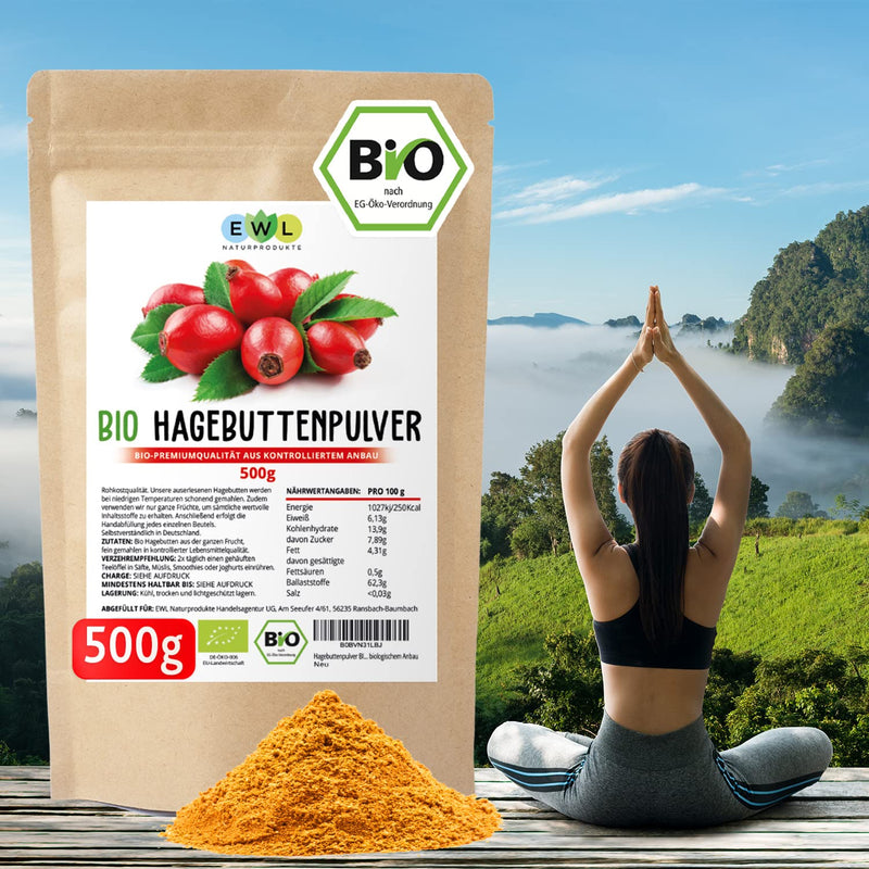 EWL Natural Products Rosehip Powder Organic 500g, Rosehip Powder in Raw Food Quality, Organic Rosehip Powder from Controlled Organic Cultivation, Vegan 500.00g (Pack of 1) - NewNest Australia