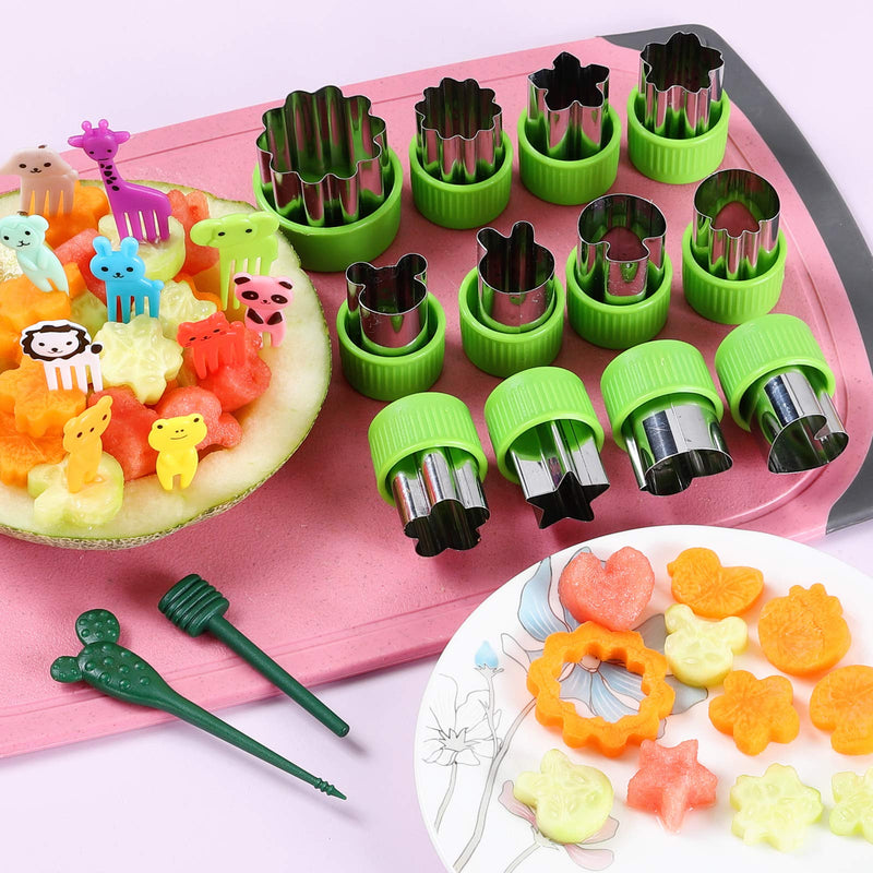 NewNest Australia - Vegetable Cutters Shapes Set, 12pcs Stainless Steel Mini Cookie Cutters, Vegetable Cutter and Fruit Stamps Mold + 20pcs Cute Cartoon Animals Food Picks and Forks -for Kids Baking and Food Supplement 