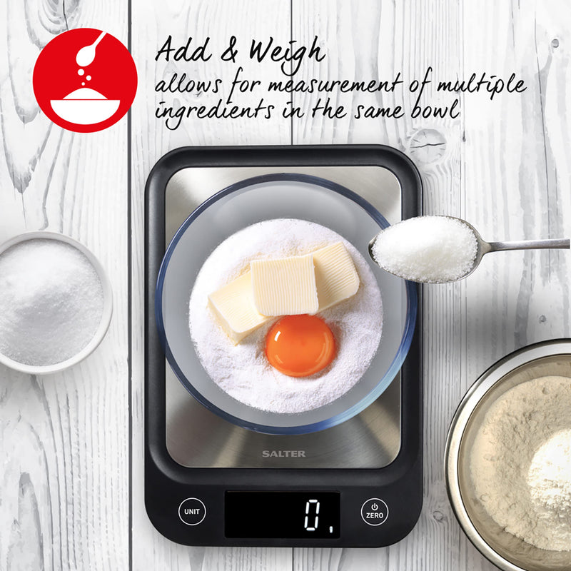 Salter 1068 SSBKDR Ultra Slim Electronic Kitchen Scale, Stainless Steel Platform, Grams & oz. for Baking & Cooking, Easy Clean, Add & Weigh, Measures Liquids, Backlit Display, Black stainless steel Black, Stainless Steel Scales Single - NewNest Australia