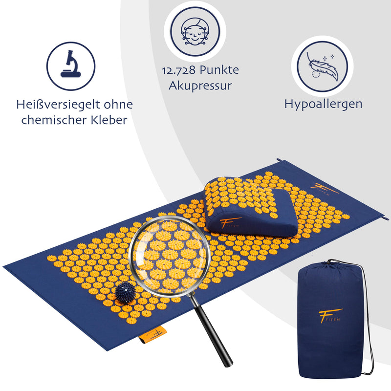 Acupressure Set Xl Fitem - Acupressure Mat + Pillow + Massage Ball - Relieves Back And Neck Pain - Sciatica - Back Massage - Muscle Relaxation - Post Sport Recovery (Blue/Orange) - NewNest Australia