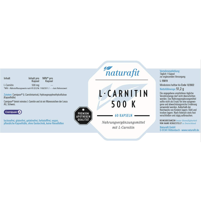 naturafit L-Carnitine 500 K capsules, 60 capsules - NewNest Australia