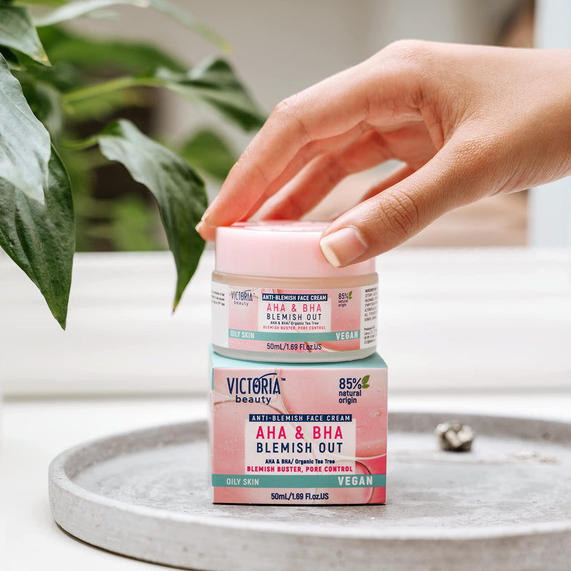 Victoria Beauty Blemish Out AHA BHA Cream - Pore Minimizer, Spots and Acne Treatment with Organic Tea Tree Oil, Salicylic and Glycolic Acid - for Oily Skin - Vegan, 87% Natural - NewNest Australia