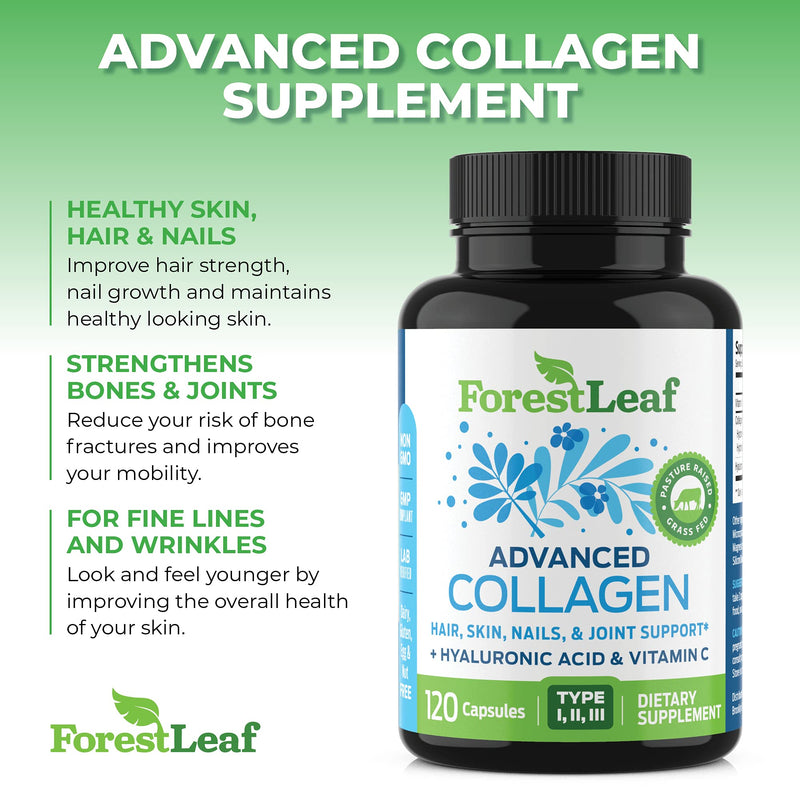 Advanced Collagen Supplement, Type 1, 2 and 3 with Hyaluronic Acid and Vitamin C - Anti Aging Joint Formula - Boosts Hair, Nails and Skin Health - 240 Capsules - by ForestLeaf - NewNest Australia