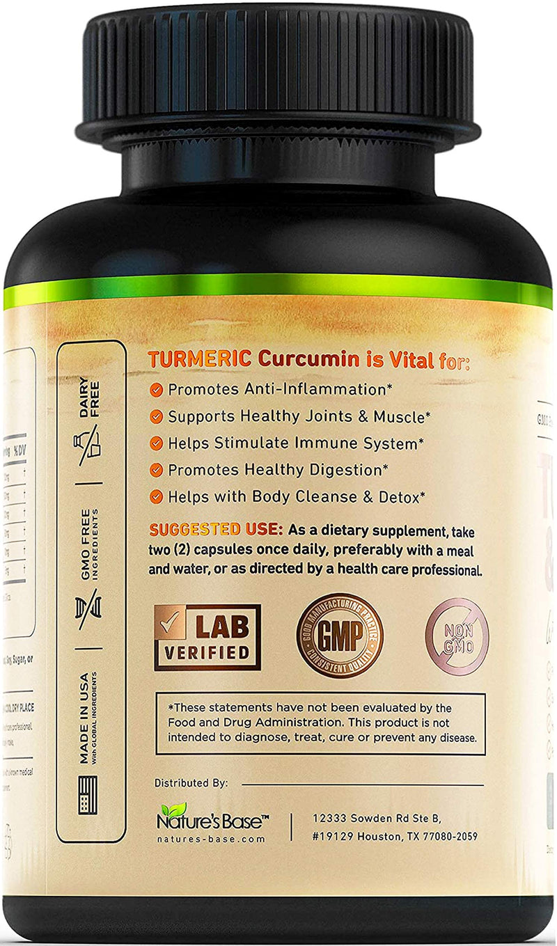 Turmeric Curcumin Supplement with Ginger & Apple Cider Vinegar, BioPerine Black Pepper, Tumeric & Ginger, 95% Curcuminoids & Joint Supplement, Antioxidant Tumeric Supplements Capsules, Nature's Base 60 Count (Pack of 1) - NewNest Australia