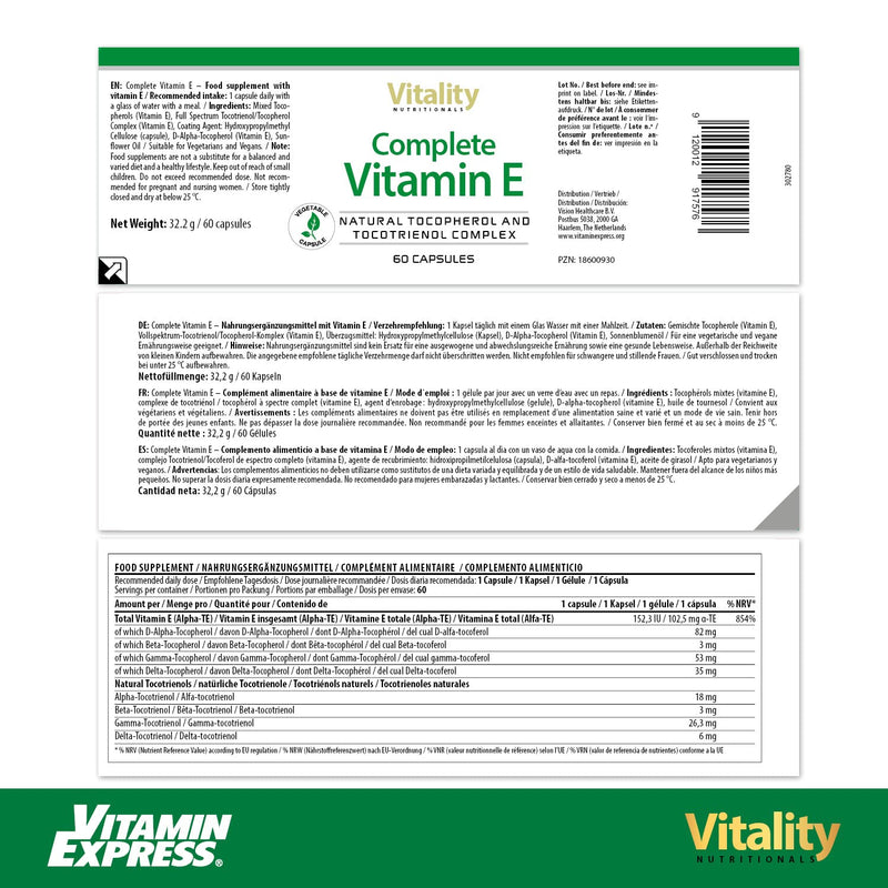 Complete Vitamin E Capsules I Natural D-Alpha Tocopherol And Tocotrienol With High Bioavailability (Pack Of 60) Antioxidant For Skin Hair Eyes Muscles Vitality Nutritionals By Vitaminexpress - NewNest Australia