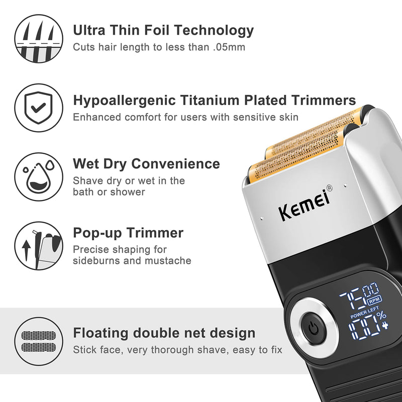 KEMEI Foil Shaver for Men Electric Razor with Bald Shaving Cordless Electric Shaver with LED Display Black - NewNest Australia