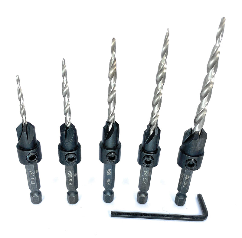 FTG USA Maximum Torque - Adjustable Wood Countersink Drill Bit Set #4, 6, 8, 10, 12 with Woodworking HSS Tapered Bits Secured with Pin and Hex Wrench (1/8" Allen Key) (Without Depth Stop Collar) without Depth Stop Collars - NewNest Australia