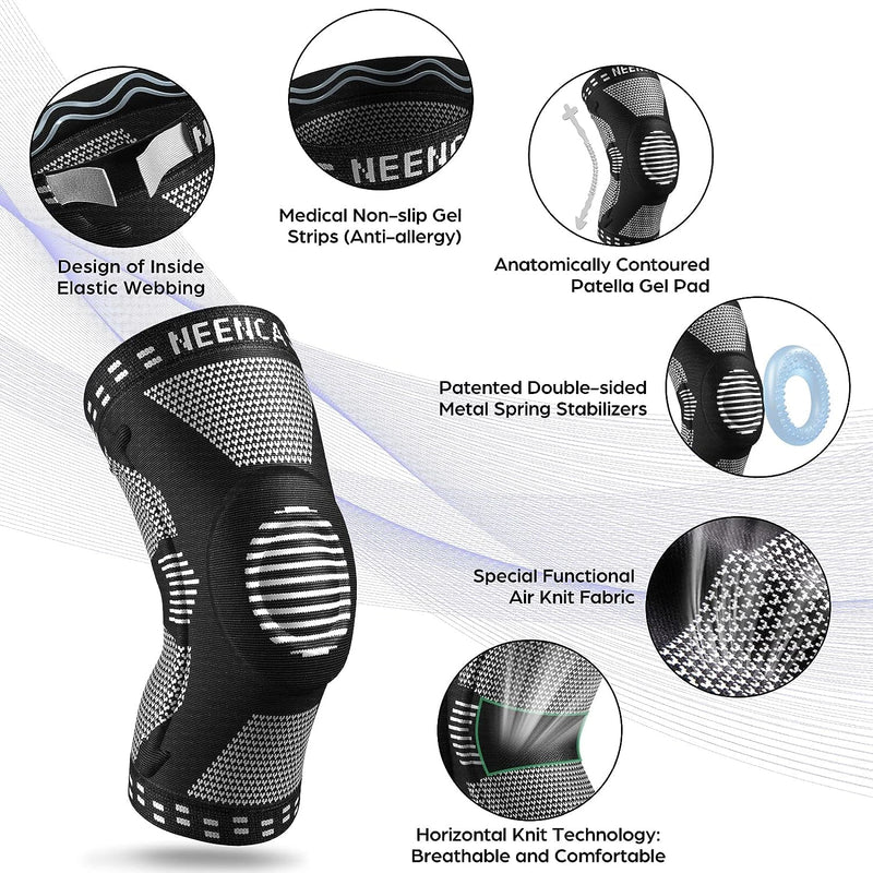 NEENCA Knee Support, Compressed Knee Brace with Patella Gel Pads & Spring Side Stabilizers, Medical Knee Pads for Running, Meniscus Tear, Arthritis, Joint Pain Relief, ACL, Recovery Black L - NewNest Australia