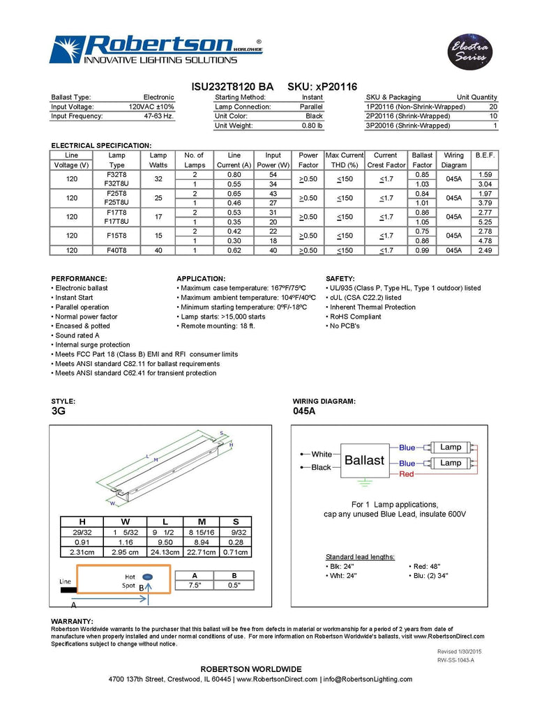 Robertson 3P20116 eBallast, Instant Start, NPF, 1 or 2 Lamp F32T8, 120Vac, 60 Hz, Model ISU232T8120 BA (Replaces Robertson 3P20003, Model ISU232T8120 /B) - NewNest Australia