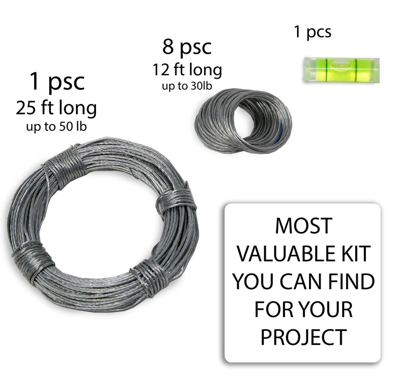 NewNest Australia - Picture Wire Hanging Kit 100+ Pieces - D-Ring, Screws, Hanging Hooks,Level. Supports up to 50 lbs (120 Feet) Stainless Steel Wire Hanger | Comes with Solid Box 