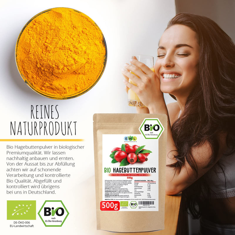 EWL Natural Products Rosehip Powder Organic 500g, Rosehip Powder in Raw Food Quality, Organic Rosehip Powder from Controlled Organic Cultivation, Vegan 500.00g (Pack of 1) - NewNest Australia