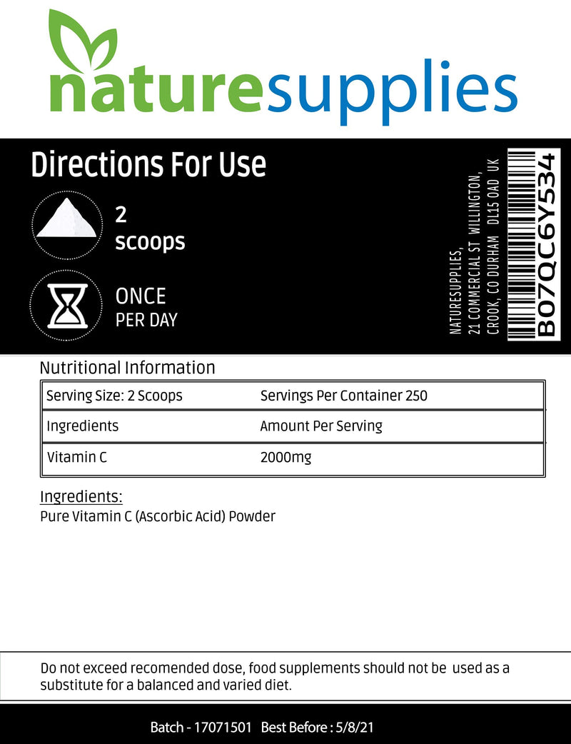 Vitamin C Powder 500g Ascorbic Acid UK Non GMO - Pharmaceutical Grade, Highly Concentrated No Chemicals in Our Supplements - Suitable for Vegans - Naturesupplies 500 g (Pack of 1) - NewNest Australia