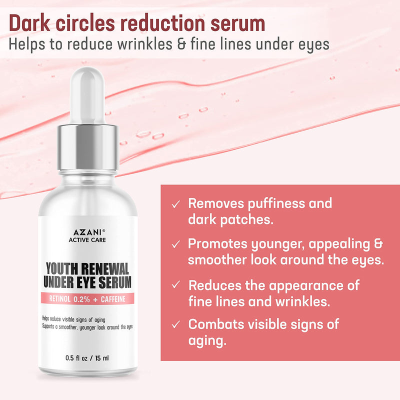 Azani Active Care Youth Renewal Eye Serum for Dark Circles & Puffiness that Reduces Eye Bags, Crows Feet, Fine Lines & Sagginess 0.2% Retinol+ Caffeine - Anti Ageing Eye Serum - Women & Men, 15 ml - NewNest Australia