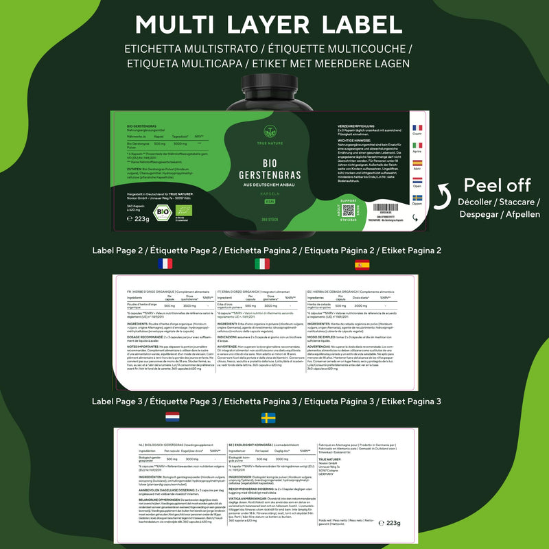 Organic barley grass - 360 capsules (500mg) - 3,000mg high dose per daily dose - German cultivation - contains selenium (contributes to the maintenance of normal hair and nails) - Vegan & laboratory tested - TRUE NATURE - NewNest Australia