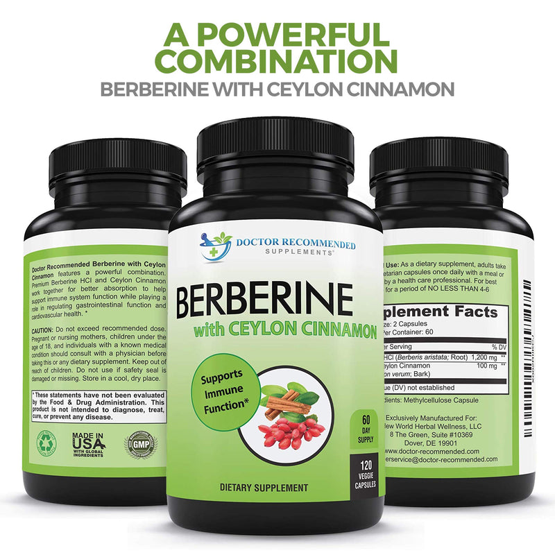 Berberine with Ceylon Cinnamon - 1200mg Berberine & 100mg Organic Ceylon Cinnamon - 120 Veggie Capsules, Healthy Immune System Cardiovascular Heart & Gastrointestinal Wellness 120 Count (Pack of 1) - NewNest Australia
