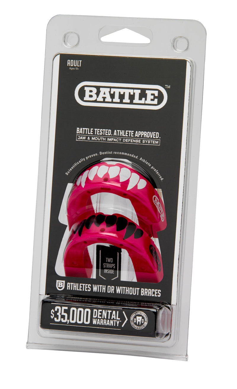 Battle Fangs Football Mouthguard – Sports Mouth Guard with Removable Strap – Protector Mouthpiece Fits With or Without Braces on Teeth – Adult & Youth Mouth Guard Sizes, 2 Pack Adult (Age 10 & Up) Pink - NewNest Australia