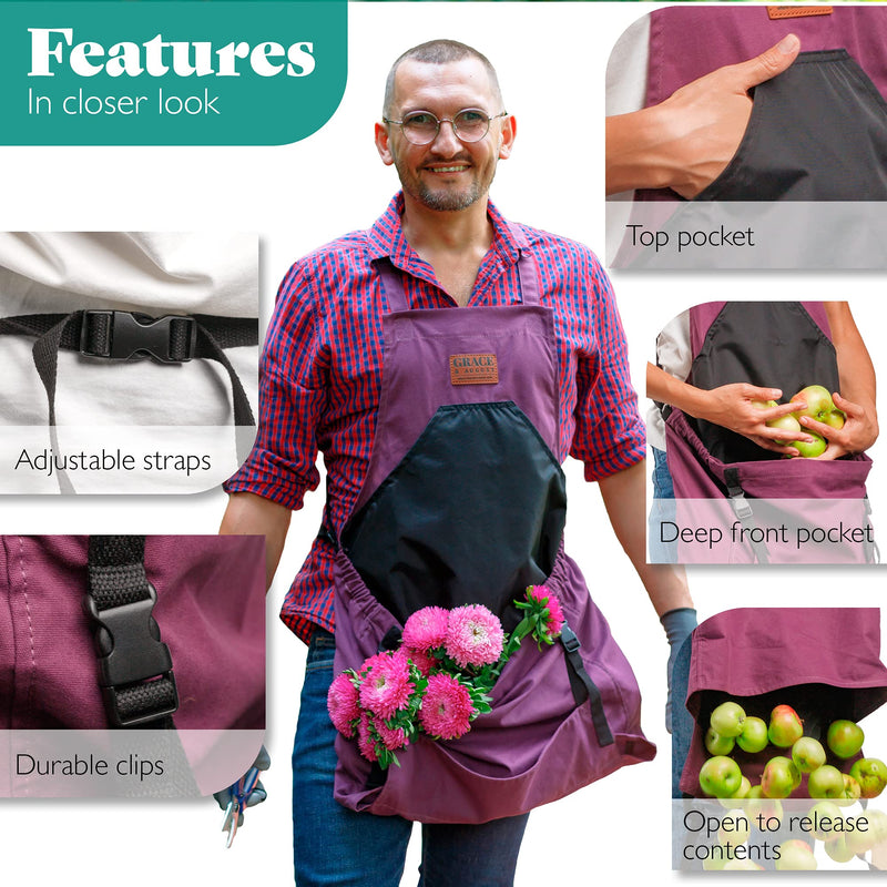 Gardening Apron with Pockets for woman & men -Canvas Deep Kangaroo release Pouch -For Harvesting-Work or Cleaning apron Aubergine - NewNest Australia