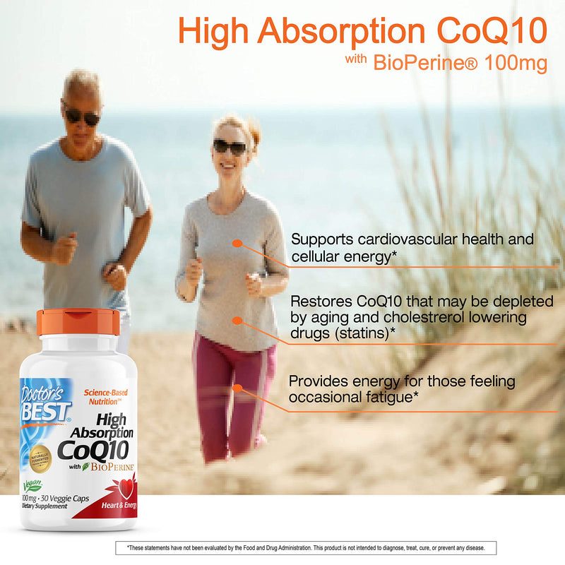 Doctor's Best High Absorption CoQ10 with BioPerine, Vegan, Gluten Free, Naturally Fermented, Heart Health & Energy Production, 100 mg 30 Veggie Caps 30 Count (Pack of 1) - NewNest Australia