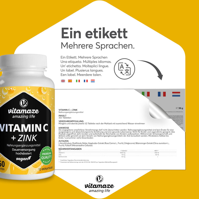 High-dose vitamin C 1000 mg + zinc, 360 tablets for 1 year, vegan & optimally bioavailable, natural dietary supplement without unnecessary additives, made in Germany - NewNest Australia