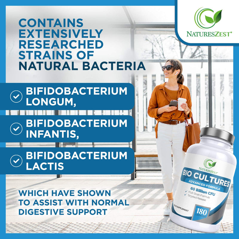Bio Cultures Complex Probiotics 60 Billion CFU with Prebiotics – 180 Vegan Capsules - Lactobacillus Rhamnosus & Lactobacillus Gasseri – 6 Month Supply - Probiotics for Women & Men - by Natures Zest - NewNest Australia