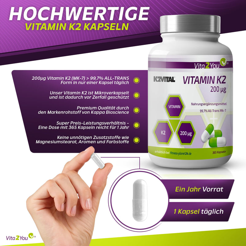 Vita2You Vitamin K2-200µg - 365 capsules - Original K2VITAL® - > 99.7% All-Trans - Annual pack - Natural Menaquinone MK-7 - Premium quality - Made in Germany - NewNest Australia