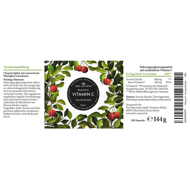 Acerola capsules - High-dose natural vitamin C - 180 vegan capsules in a 6-month supply - No unwanted additives - Laboratory tested, vegan and produced in Germany - NewNest Australia