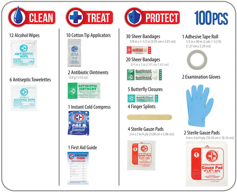 Be Smart Get Prepared 100 Piece First Aid Kit: Clean, Treat, Protect Minor Cuts, Scrapes. Home, Office, Car, School, Business, Travel, Emergency, Survival, Hunting, Outdoor, Camping & Sports - NewNest Australia