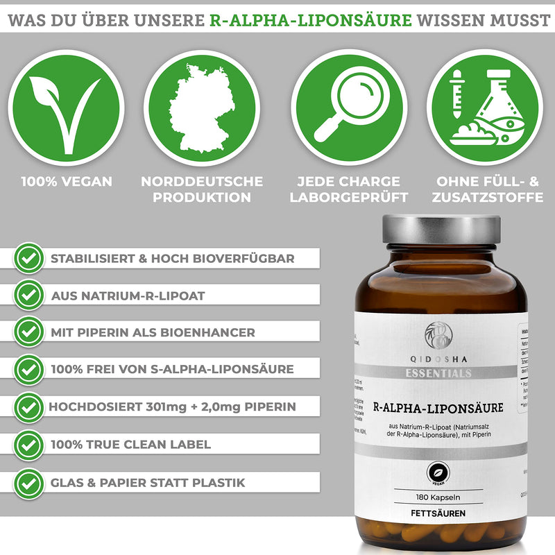 Qidosha R-Alpha Lipoic Acid, Test Winner 07/23*, R-Alpha Lipoic Acid Capsules High Dose From Na-R Lipoate & Piperine As Bioenhancer, 180 Pieces/Glass, Increased Bioavailability Thanks To Sodium R - NewNest Australia