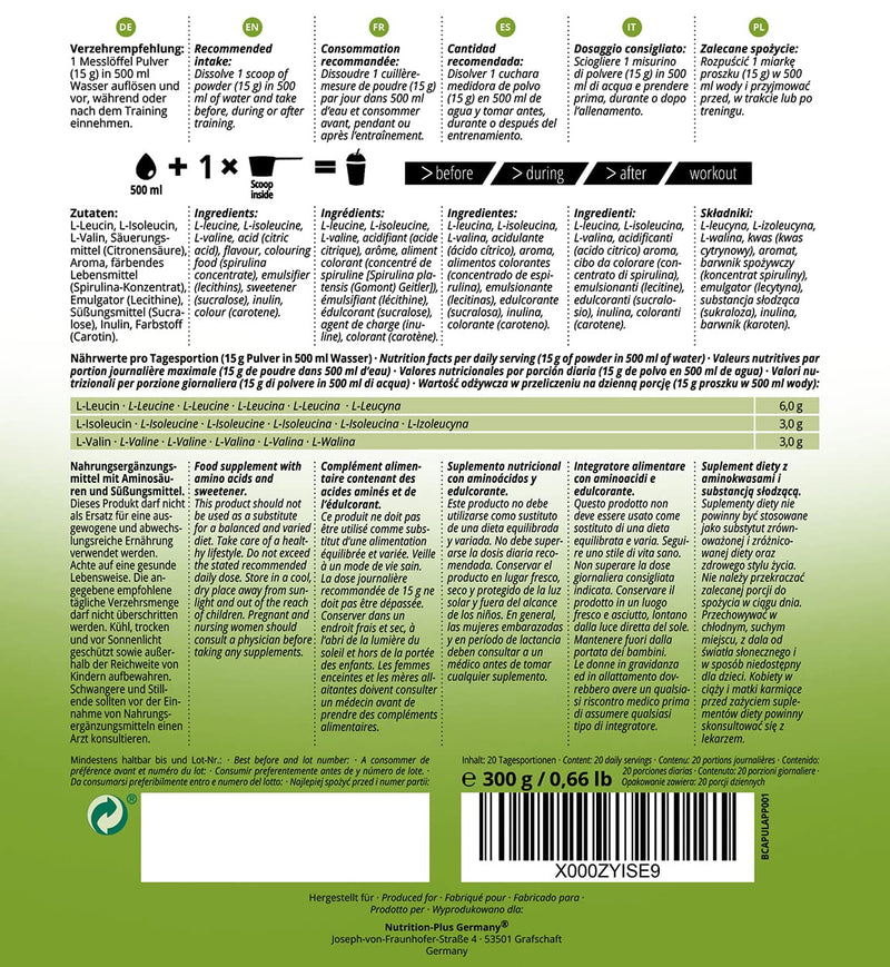 Bcaa Powder Green Apple - Amino Acids Complex High Dose - Bcaas Instant Powder Vegan - Bcaaminos Supplement - Green Apple Flavor 300 G - Amino Acid Preparation - NewNest Australia